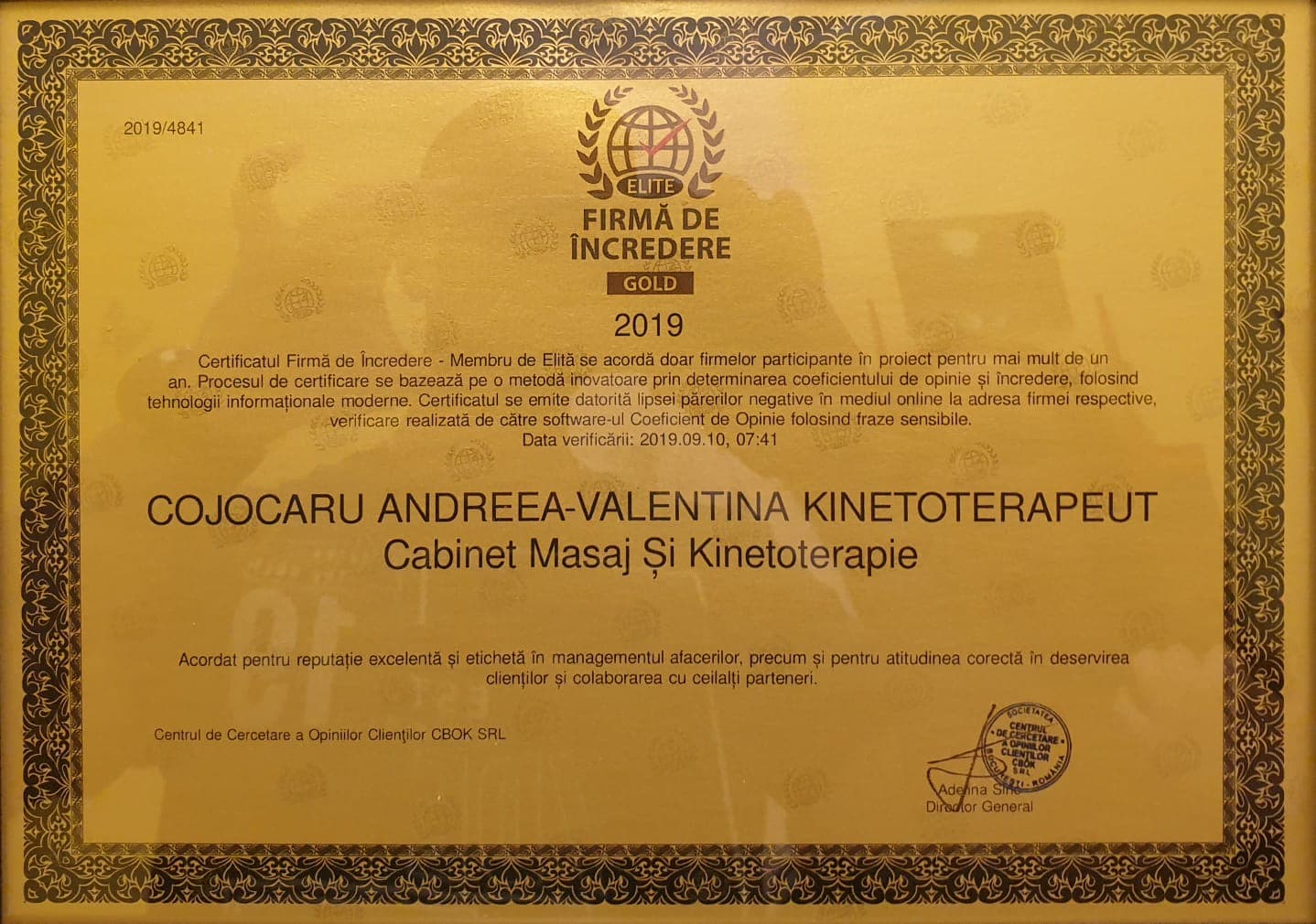 Certificat Firmă de Încredere Gold 2019 - Cojocaru Andreea-Valentina Kinetoterapeut